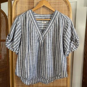 Pilcro Navy and White Striped V-Neck Blouse